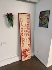 Vintage San Francisco Fisherman’s Wharf Crab Sign Painting On Wood 72x16 Inches picture