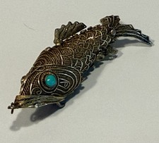 VTG Articulated Fish Pendant/Chatelaine Vermeil Filigree Turquoise Eyes picture