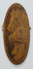 Antique Victorian FLEMISH ART Co. Pyrography 2 Horse Head & Dog Bass Wood Plaque picture
