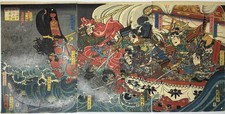 KUNICHIKA Japanese Woodblock Print Ukiyo-e Edo Triptych SAMURAI GHOSTS Boat picture