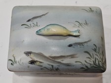 Antique Nippon Hand Painted Porcelain Dresser Box Fish Handle Marine Sea Life  picture