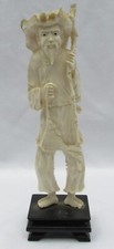 Chinese Carved Fisherman Figurine with Fish Mid-20th Century Wooden Base 20.5cm picture