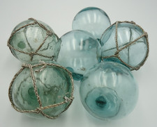 Vintage Japanese Glass Fishing Floats 6pcs Set – Net & Plain Nautical Decor picture