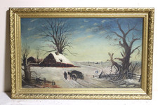 19thC ANTIQUE OIL PAINTING HORSE CART MOTHER CHILD COUNTRY LANDSCAPE GILT FRAME picture